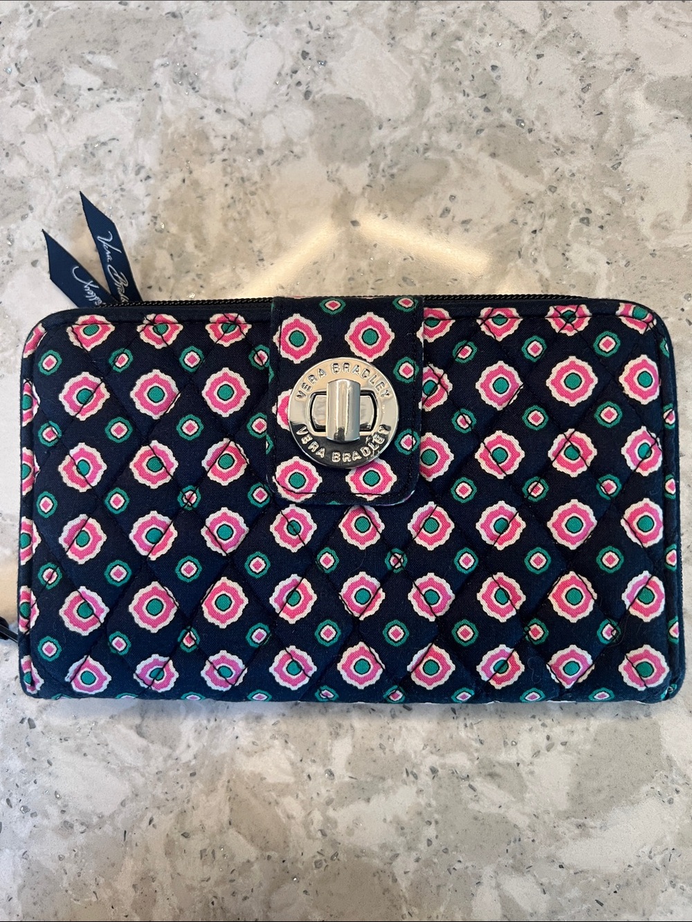 Vera Bradley Preppy Turnlock Quilted Wallet Pink/Green/White/Navy (Petal Dots) - Picture 2 of 7